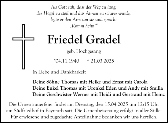 Anzeige von Friedel Gradel von Nordbayerischer Kurier