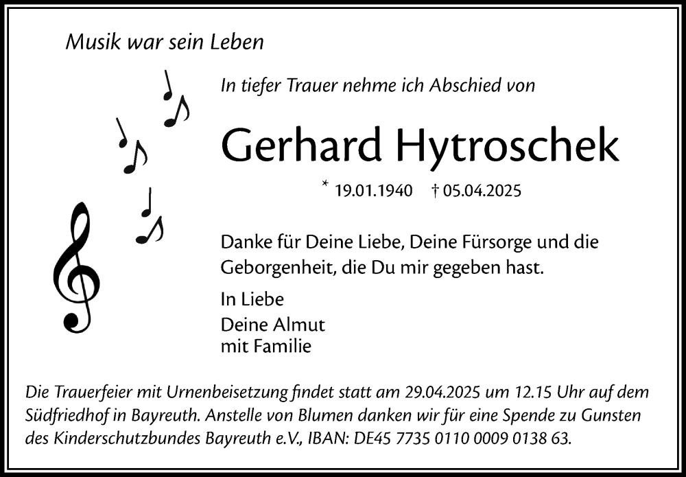  Traueranzeige für Gerhard Hytroschek vom 26.04.2025 aus Nordbayerischer Kurier