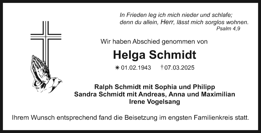  Traueranzeige für Helga Schmidt vom 05.04.2025 aus Nordbayerischer Kurier