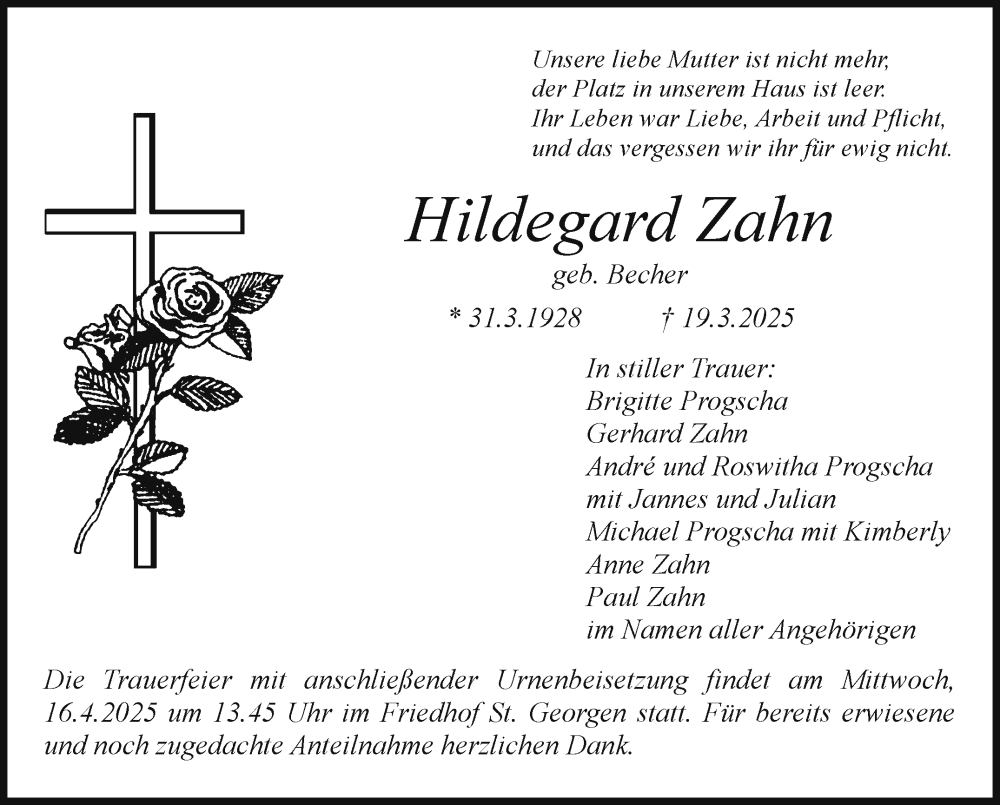  Traueranzeige für Hildegard Zahn vom 12.04.2025 aus Nordbayerischer Kurier