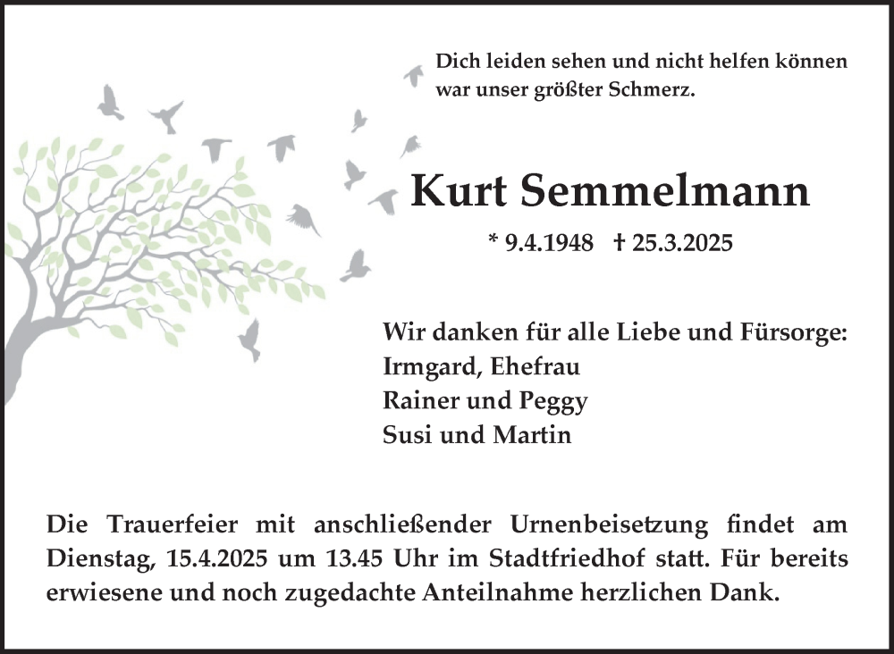  Traueranzeige für Kurt Semmelmann vom 12.04.2025 aus Nordbayerischer Kurier