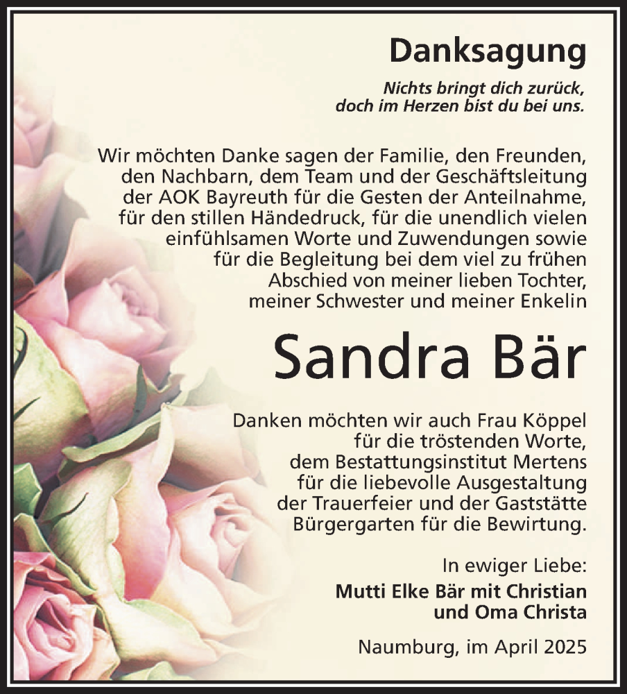  Traueranzeige für Sandra Bär vom 11.04.2025 aus Nordbayerischer Kurier