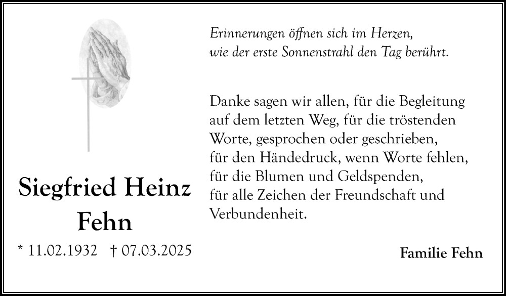  Traueranzeige für Siegfried Heinz Fehn vom 08.04.2025 aus Nordbayerischer Kurier