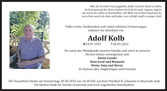 Anzeige von Adolf Kolb von Nordbayerischer Kurier