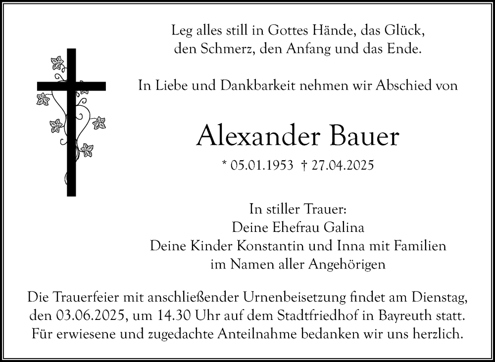  Traueranzeige für Alexander Bauer vom 22.05.2025 aus Nordbayerischer Kurier