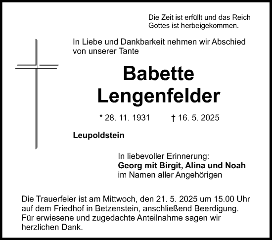 Anzeige von Babette Lengenfelder von Nordbayerischer Kurier