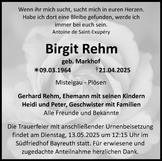 Anzeige von Birgit Rehm von Nordbayerischer Kurier