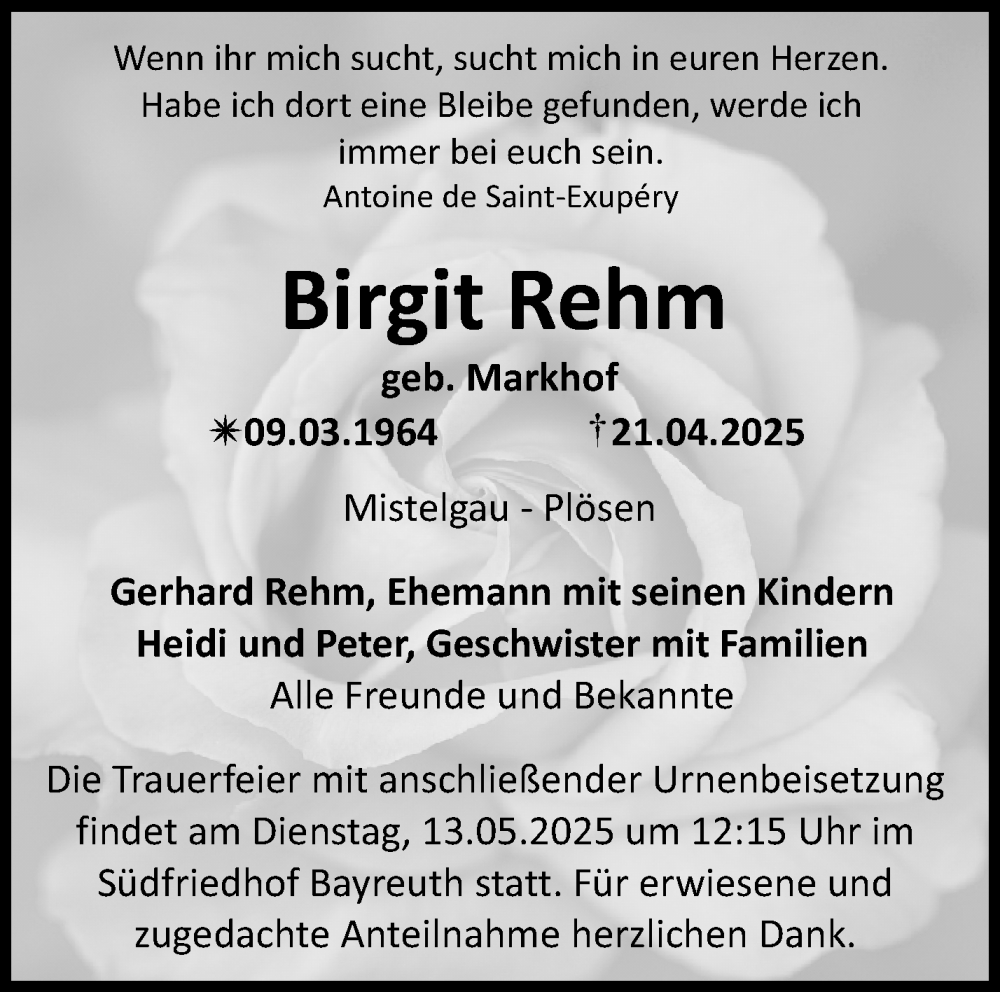  Traueranzeige für Birgit Rehm vom 09.05.2025 aus Nordbayerischer Kurier