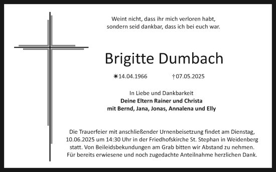 Anzeige von Brigitte Dumbach von Nordbayerischer Kurier