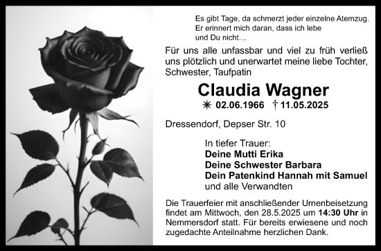 Anzeige von Claudia Wagner von Nordbayerischer Kurier
