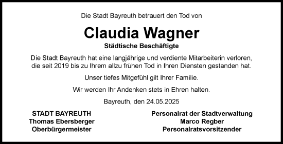 Anzeige von Claudia Wagner von Nordbayerischer Kurier