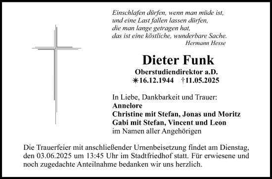 Anzeige von Dieter Funk von Nordbayerischer Kurier