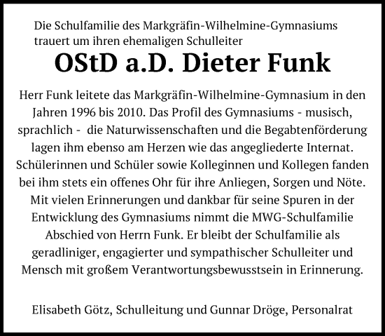 Anzeige von Dieter Funk von Nordbayerischer Kurier