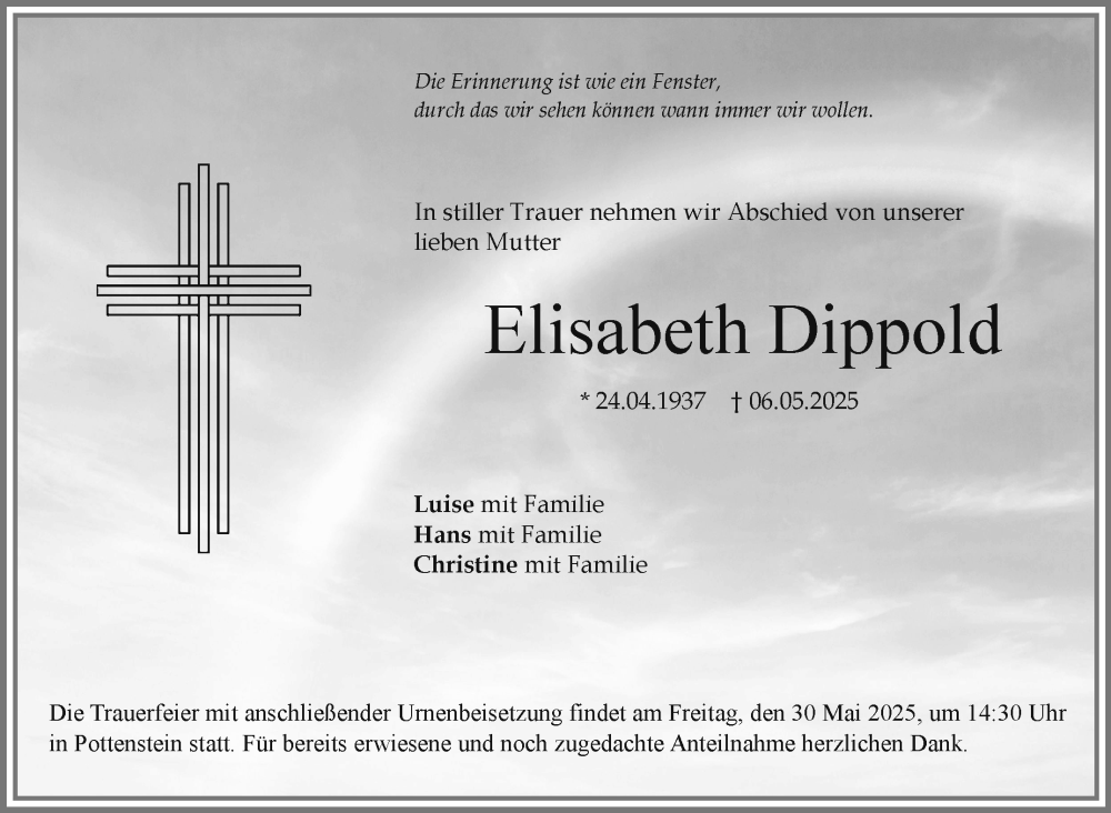  Traueranzeige für Elisabeth Dippold vom 24.05.2025 aus Nordbayerischer Kurier