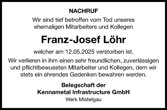 Anzeige von Franz-Josef Löhr von Nordbayerischer Kurier