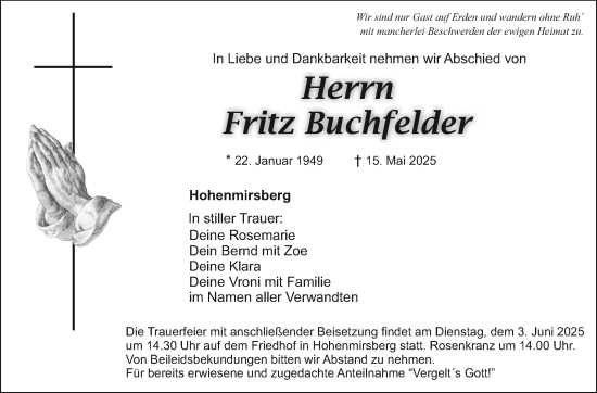 Anzeige von Fritz Buchfelder von Nordbayerischer Kurier