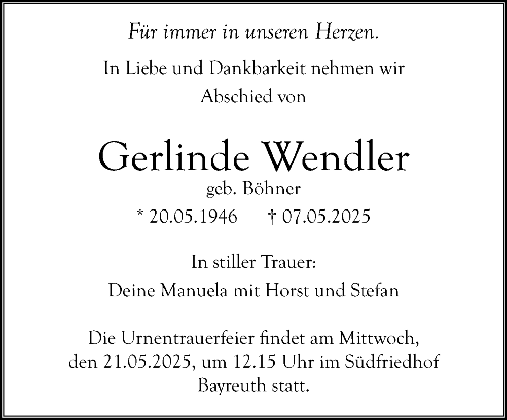  Traueranzeige für Gerlinde Wendler vom 17.05.2025 aus Nordbayerischer Kurier
