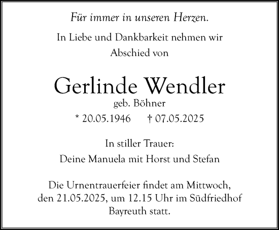 Anzeige von Gerlinde Wendler von Nordbayerischer Kurier