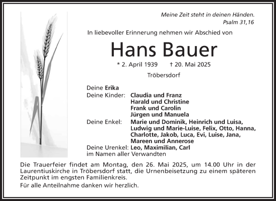 Anzeige von Hans Bauer von Nordbayerischer Kurier