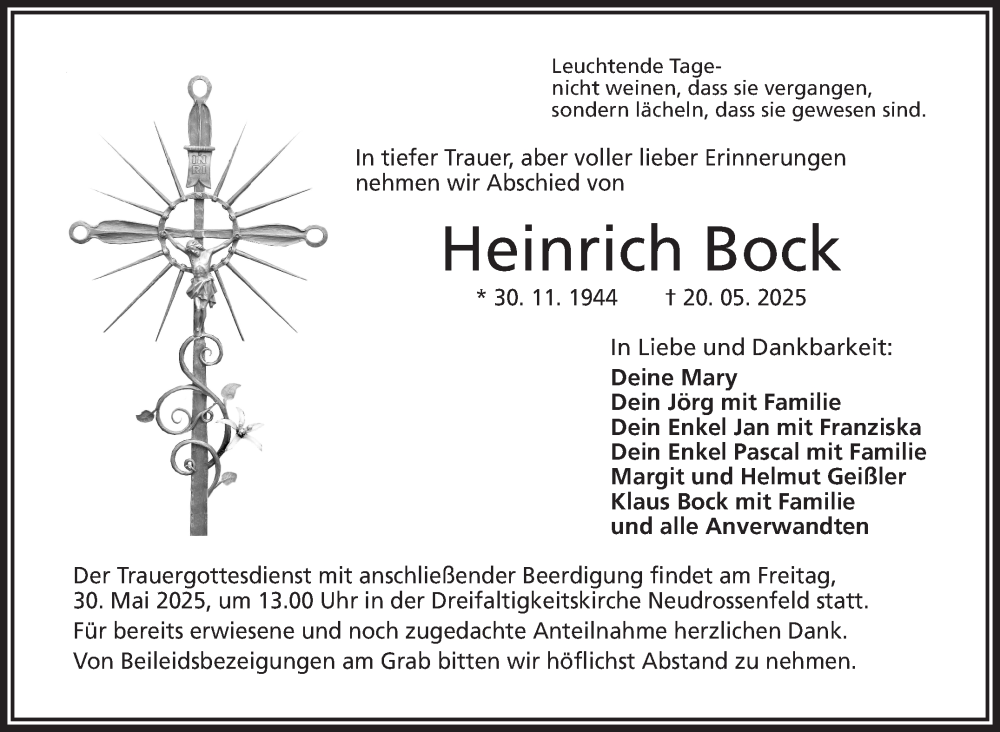  Traueranzeige für Heinrich Bock vom 27.05.2025 aus Nordbayerischer Kurier