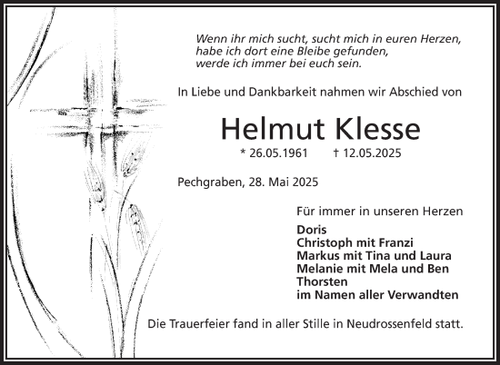 Anzeige von Helmut Klesse von Nordbayerischer Kurier