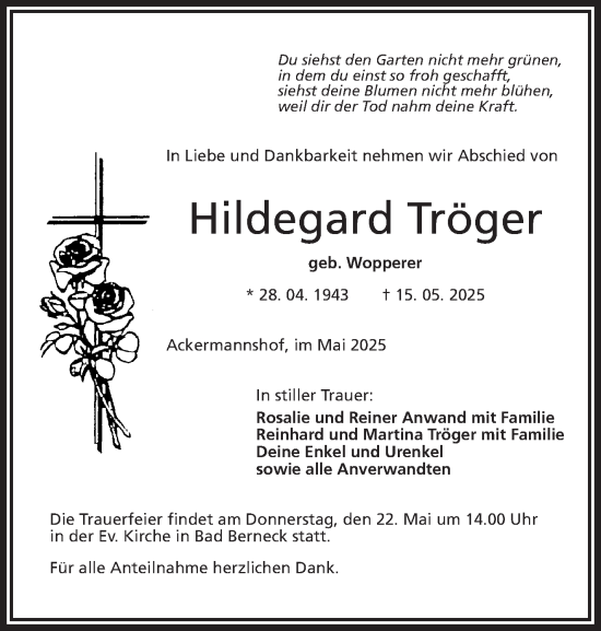 Anzeige von Hildegard Tröger von Nordbayerischer Kurier