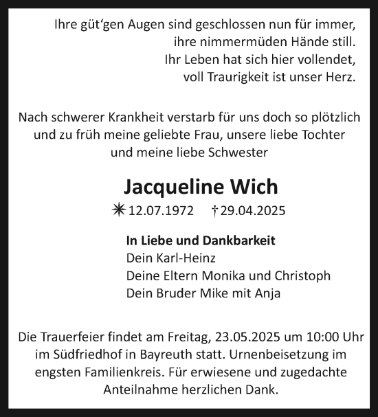 Anzeige von Jacqueline Wich von Nordbayerischer Kurier