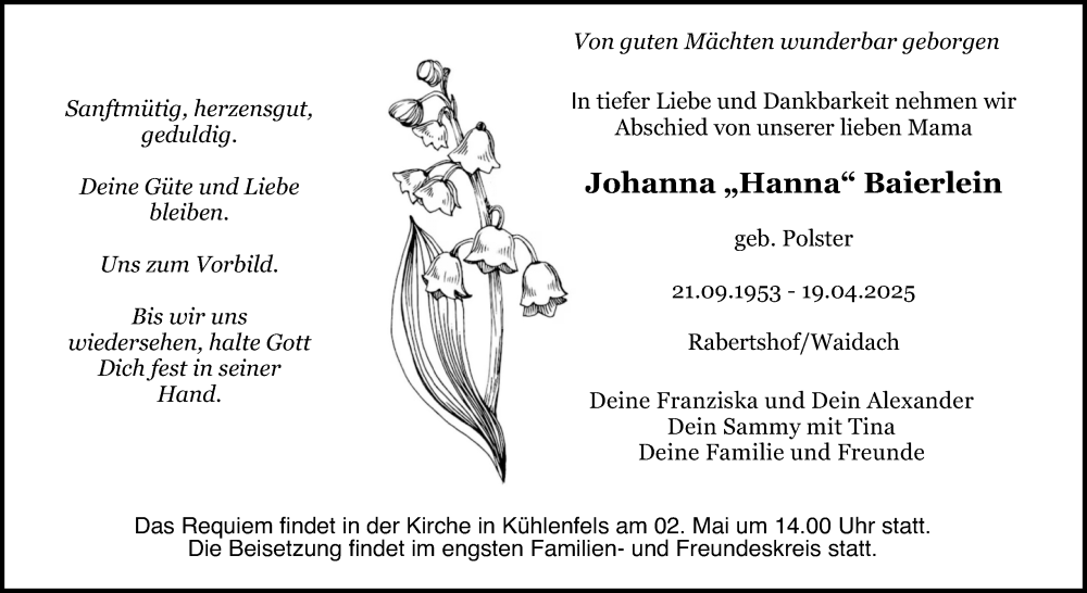  Traueranzeige für Johanna Baierlein vom 02.05.2025 aus Nordbayerischer Kurier