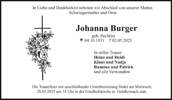 Anzeige von Johanna Burger von Nordbayerischer Kurier