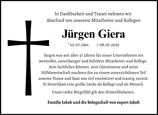 Anzeige von Jürgen Giera von Nordbayerischer Kurier