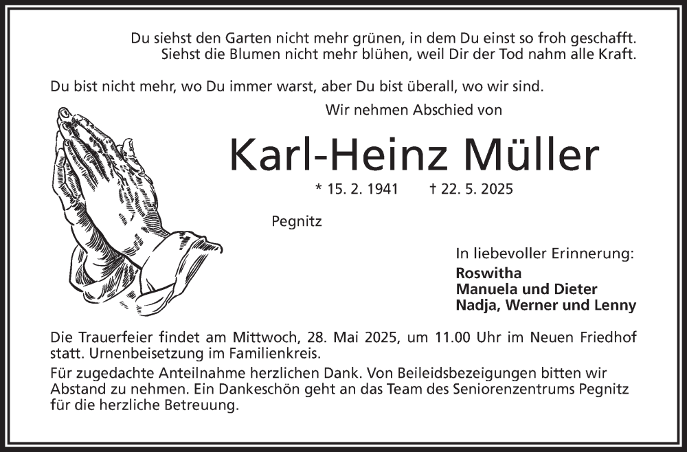  Traueranzeige für Karl-Heinz Müller vom 27.05.2025 aus Nordbayerischer Kurier