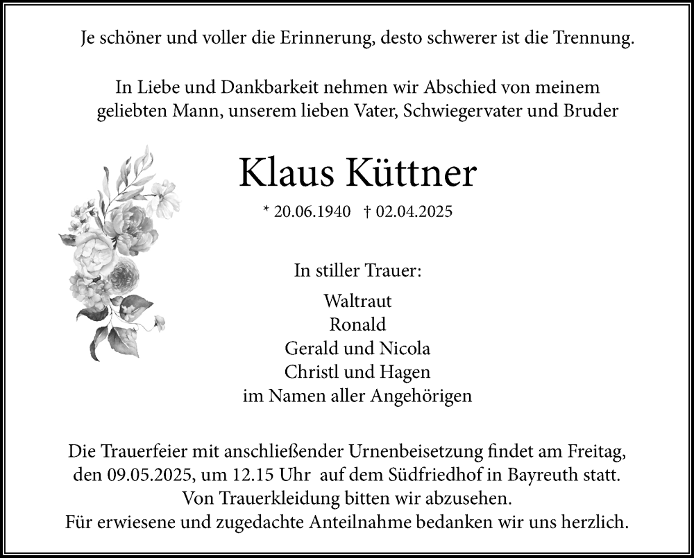  Traueranzeige für Klaus Küttner vom 03.05.2025 aus Nordbayerischer Kurier