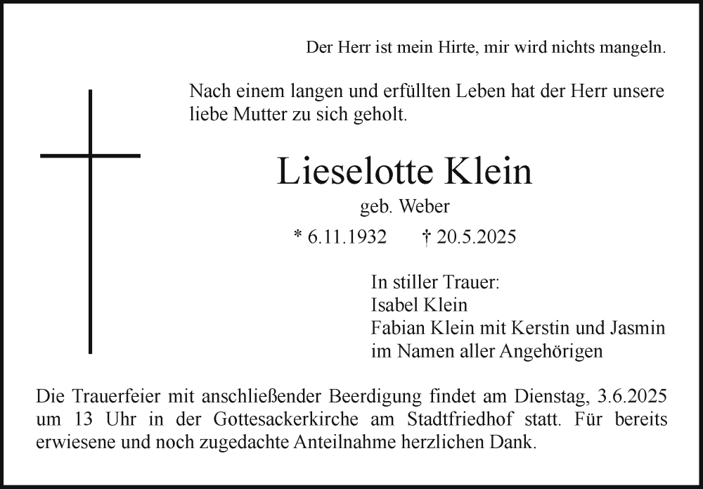  Traueranzeige für Lieselotte Klein vom 31.05.2025 aus Nordbayerischer Kurier