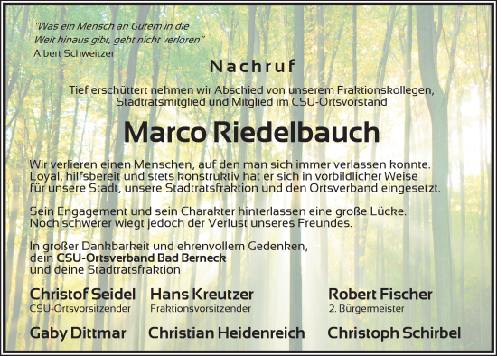 Anzeige von Marco Riedelbauch von Nordbayerischer Kurier