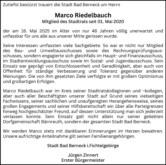 Anzeige von Marco Riedelbauch von Nordbayerischer Kurier