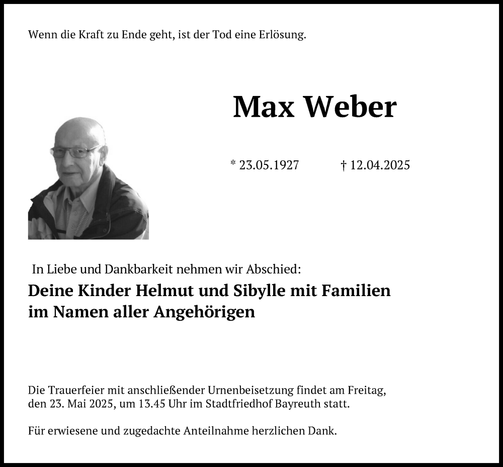  Traueranzeige für Max Weber vom 17.05.2025 aus Nordbayerischer Kurier