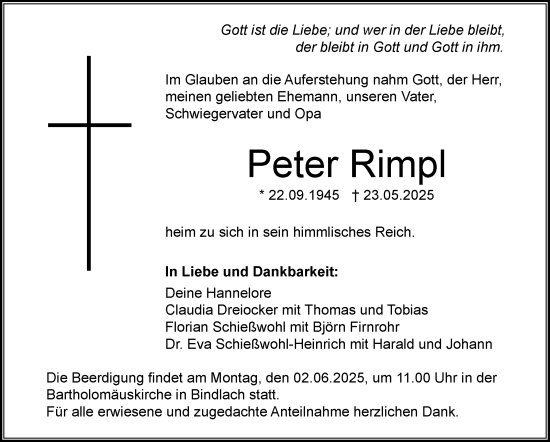 Anzeige von Peter Rimpl von Nordbayerischer Kurier