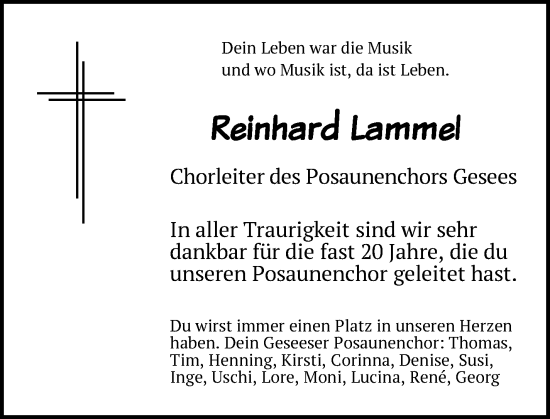 Anzeige von Reinhard Lammel von Nordbayerischer Kurier