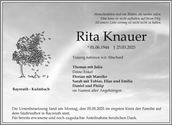 Anzeige von Rita Knauer von Nordbayerischer Kurier