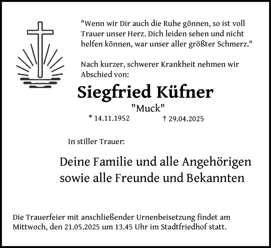 Anzeige von Siegfried Küfner von Nordbayerischer Kurier
