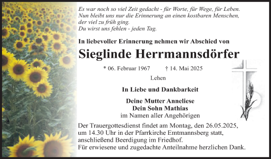 Anzeige von Sieglinde Herrmannsdörfer von Nordbayerischer Kurier
