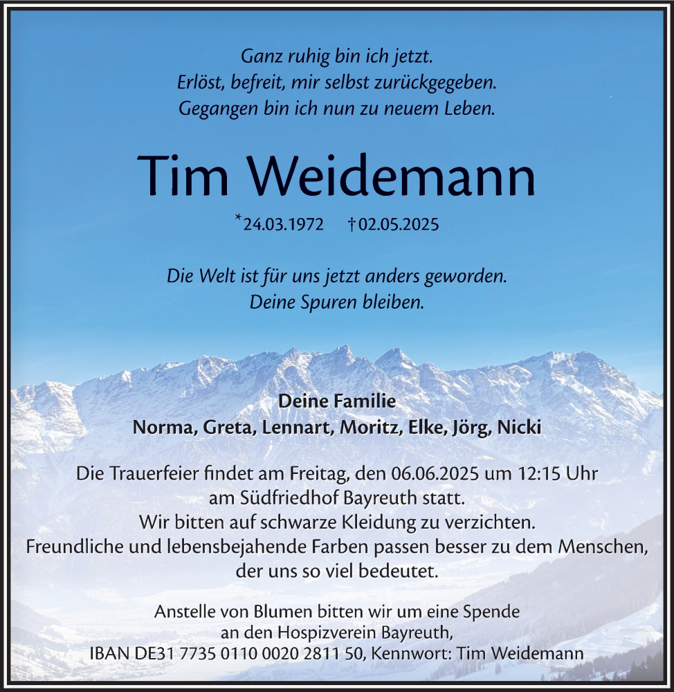  Traueranzeige für Tim Weidemann vom 31.05.2025 aus Nordbayerischer Kurier