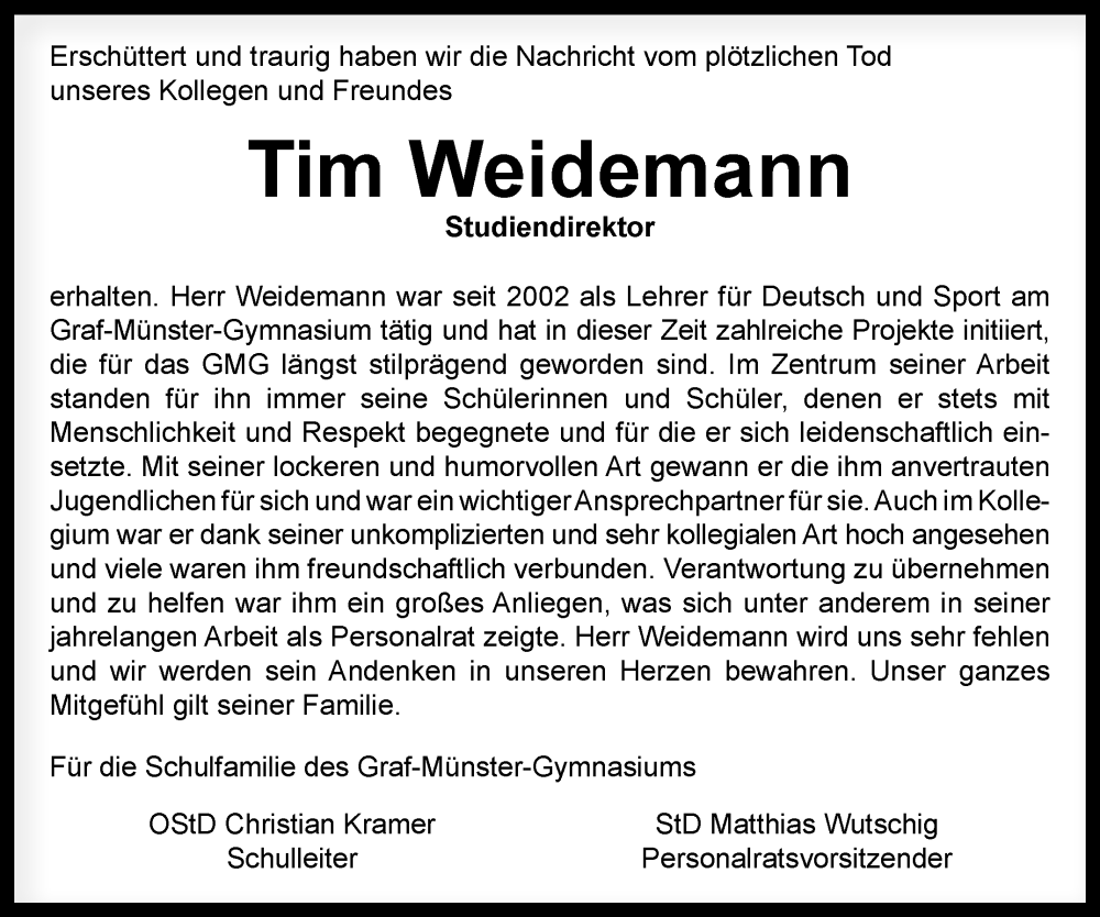  Traueranzeige für Tim Weidemann vom 31.05.2025 aus Nordbayerischer Kurier