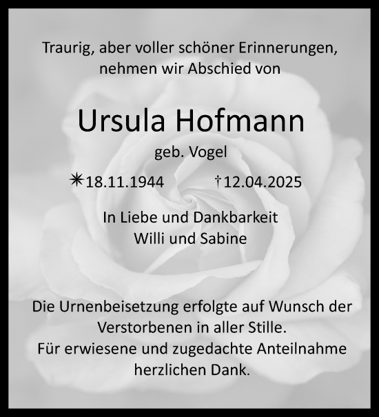 Anzeige von Ursula Hofmann von Nordbayerischer Kurier