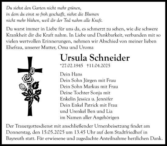 Anzeige von Ursula Schneider von Nordbayerischer Kurier