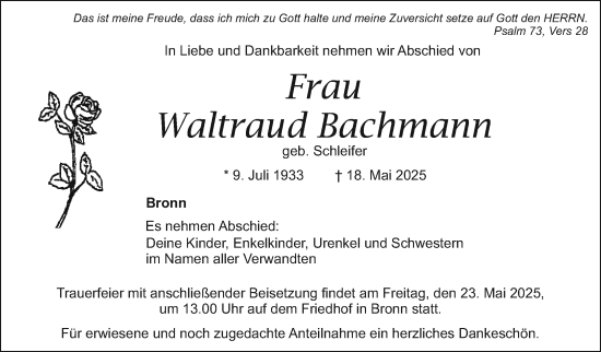 Anzeige von Waltraud Bachmann von Nordbayerischer Kurier