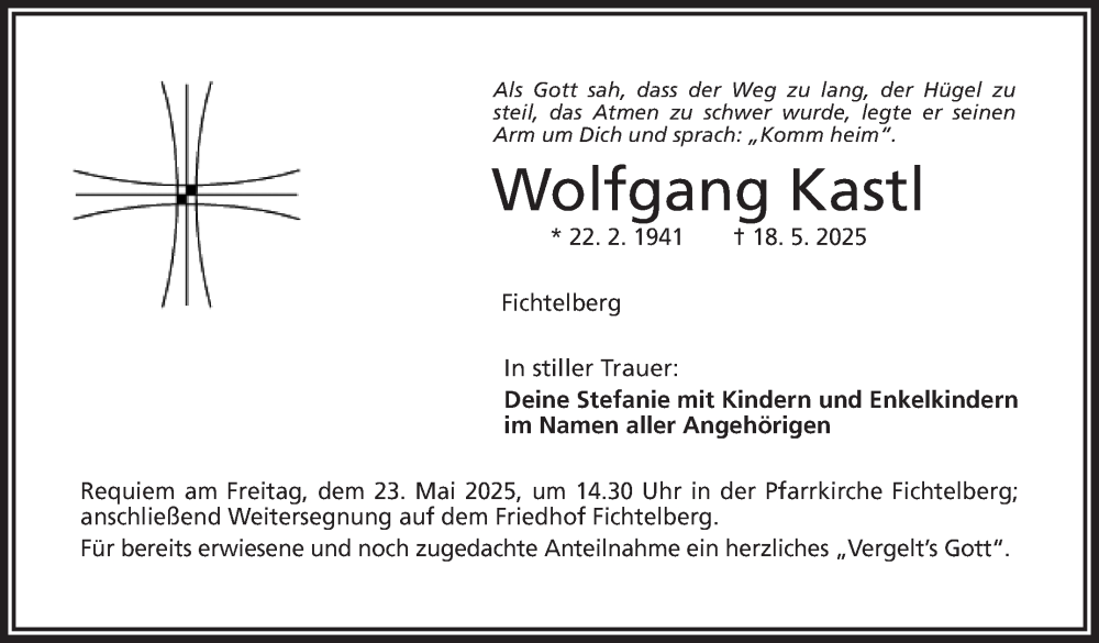  Traueranzeige für Wolfgang Kastl vom 21.05.2025 aus Nordbayerischer Kurier