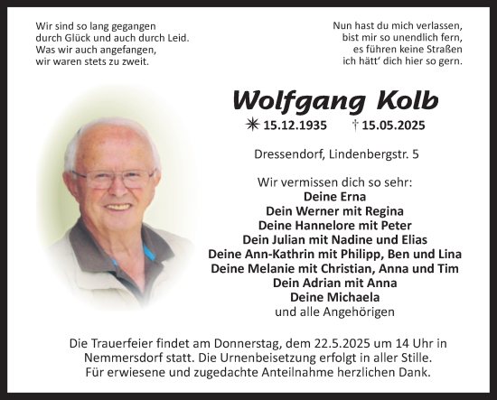 Anzeige von Wolfgang Kolb von Nordbayerischer Kurier