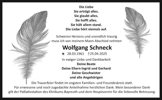 Anzeige von Wolfgang Schneck von Nordbayerischer Kurier