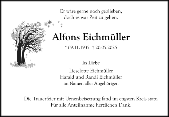 Anzeige von Alfons Eichmüller von Nordbayerischer Kurier